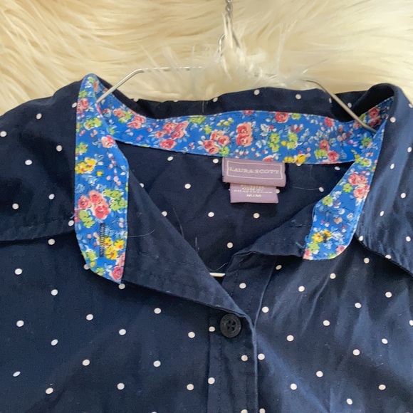 Laura Scott navy and white collared button front button up button down shirt top - Picture 10 of 17